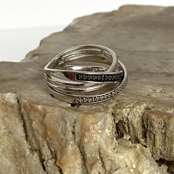 Sterling Silver 925 Black White Diamond Crossover Multi Band Ring Sz 6.5 - Picture 4 of 16